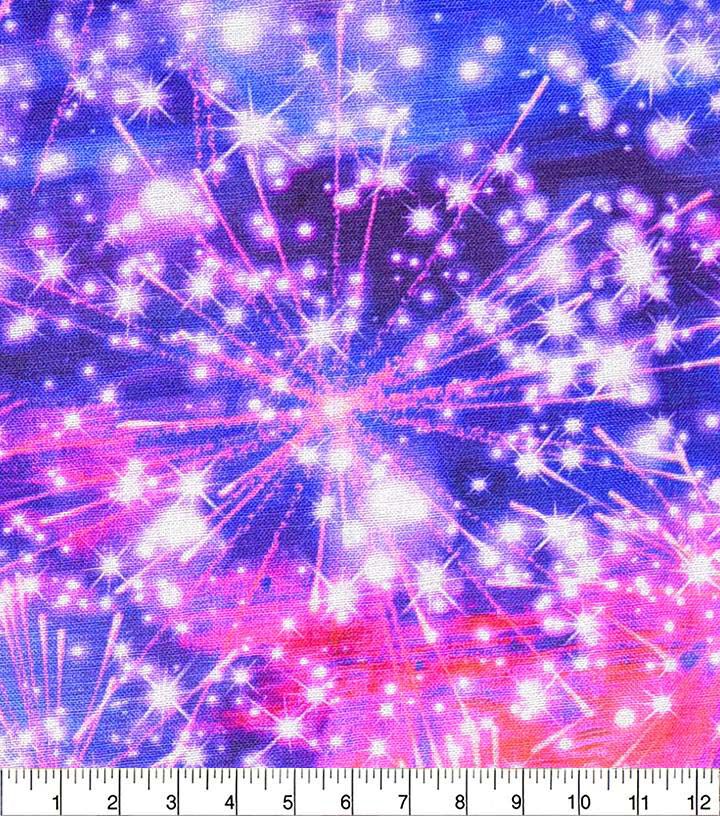 Pink & Blue Night Sky Fireworks Patriotic Cotton Fabric