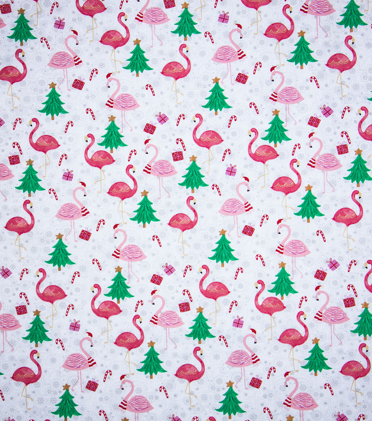 Flamingos & Trees on White Christmas Cotton Fabric