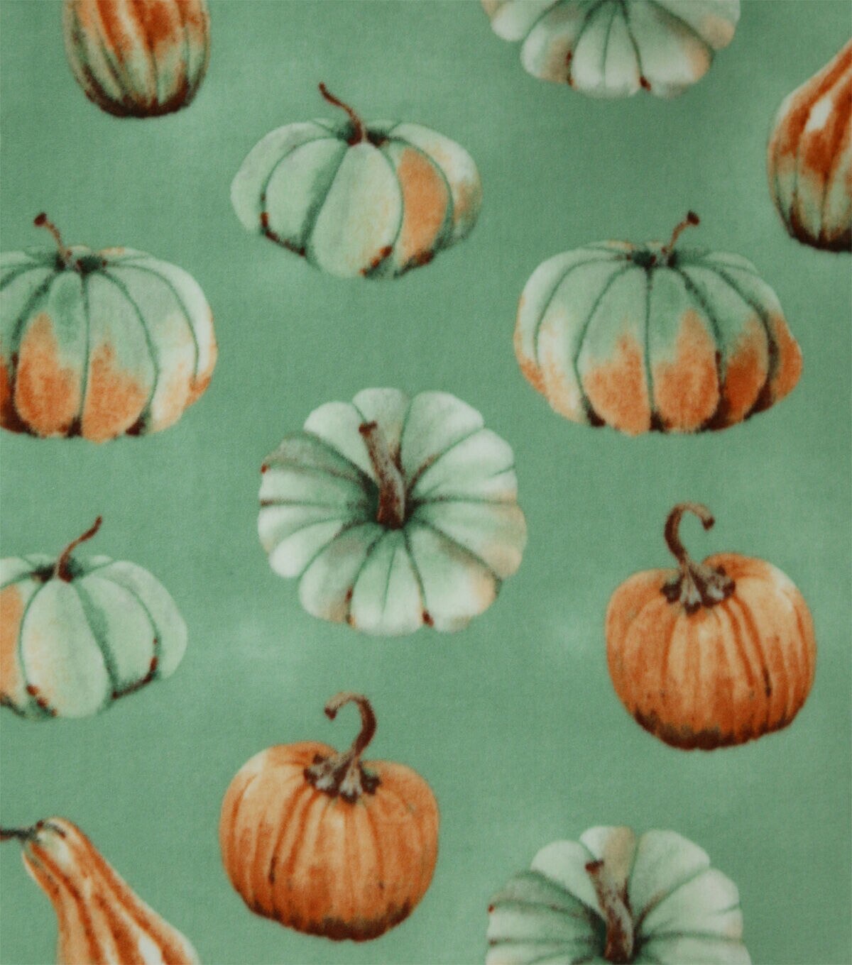 Teal & Orange Pumpkins on Green Anti Pill Fleece Fabric