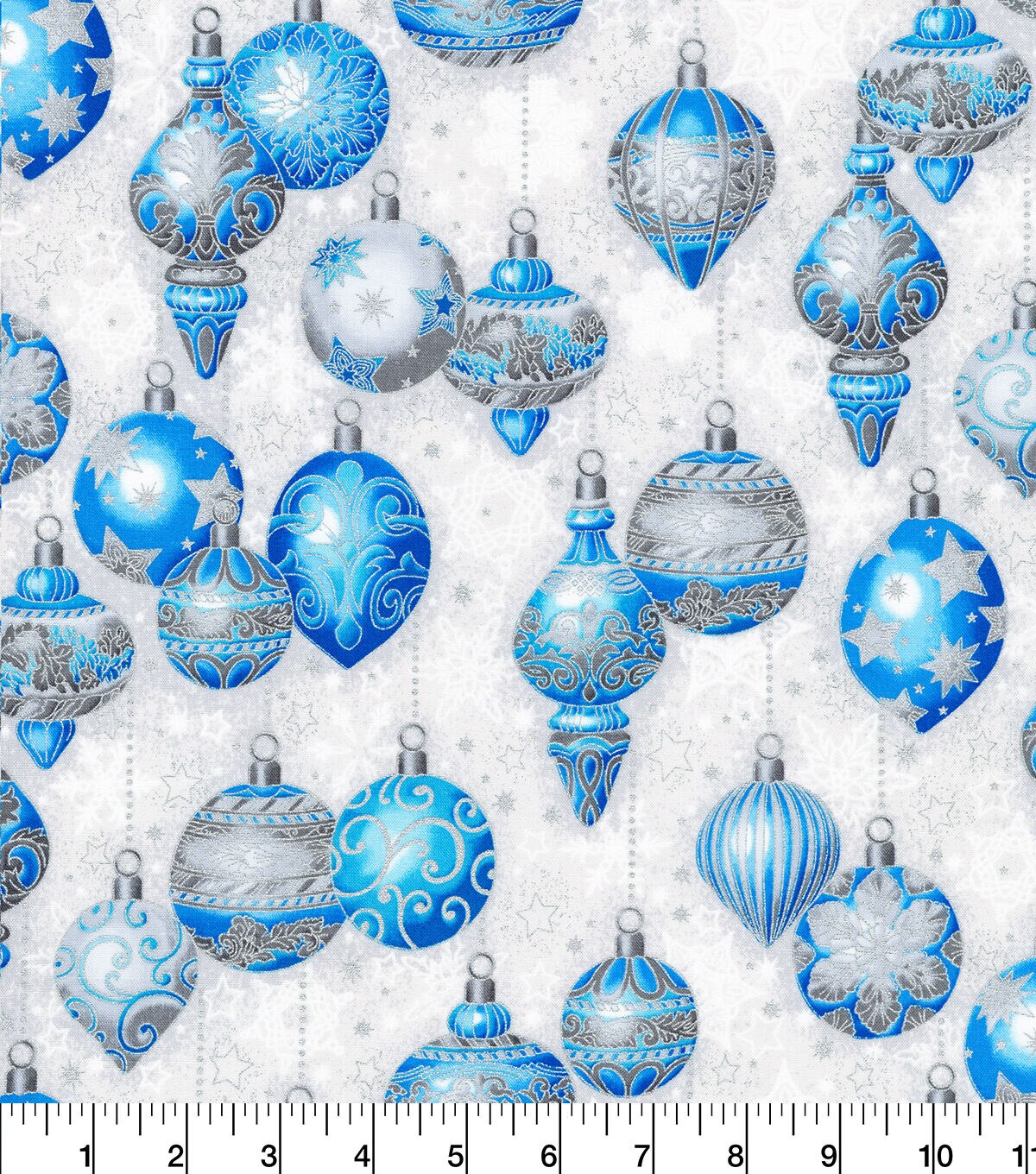 Robert Kaufman Blue Ornaments Christmas Metallic Cotton Fabric