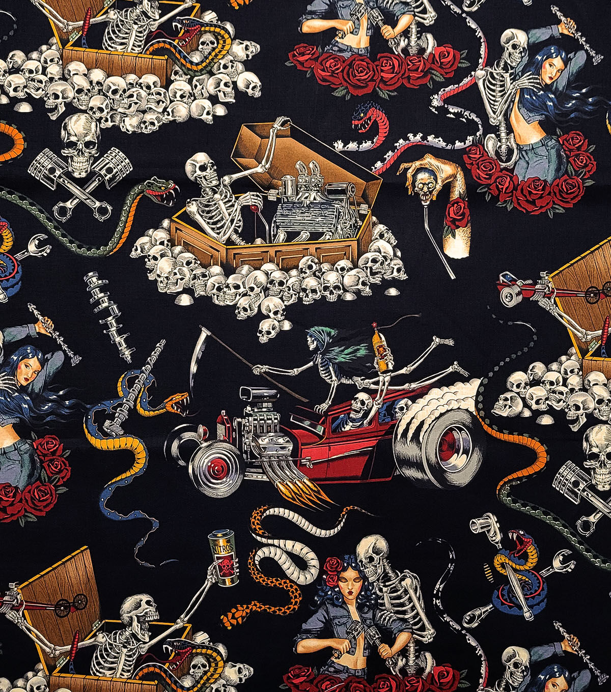 Alexander Henry Skulls & Cars on Black Cotton Fabric