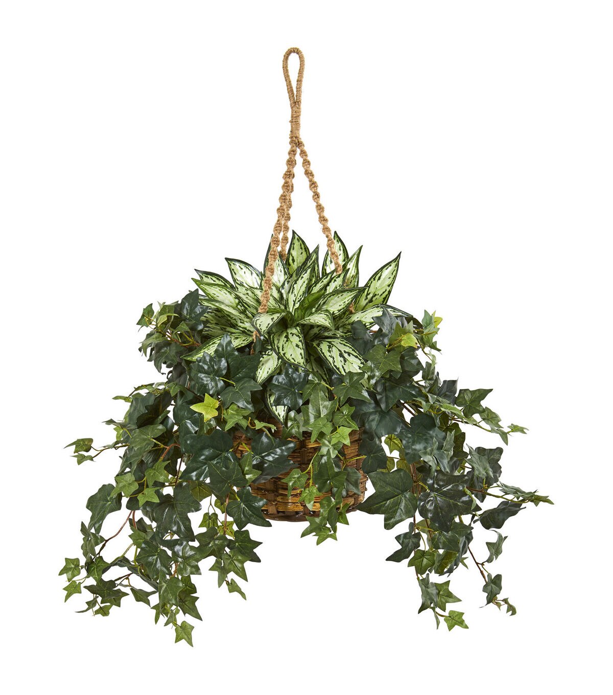Nearly Natural 30 Silver Queen & Ivy Plant in Hanging Basket