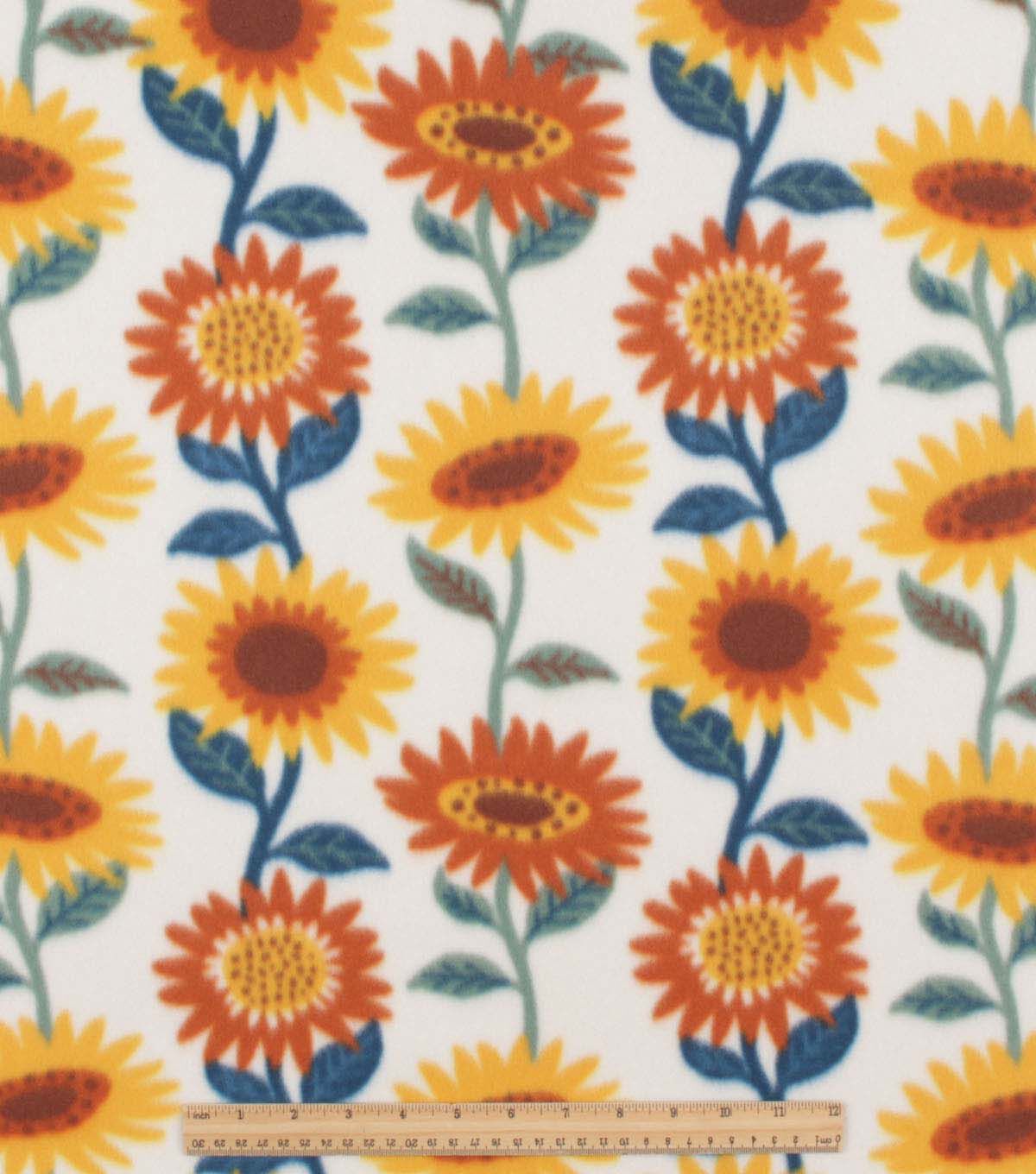 Linear Sunflowers on Cream Blizzard Fleece Fabric
