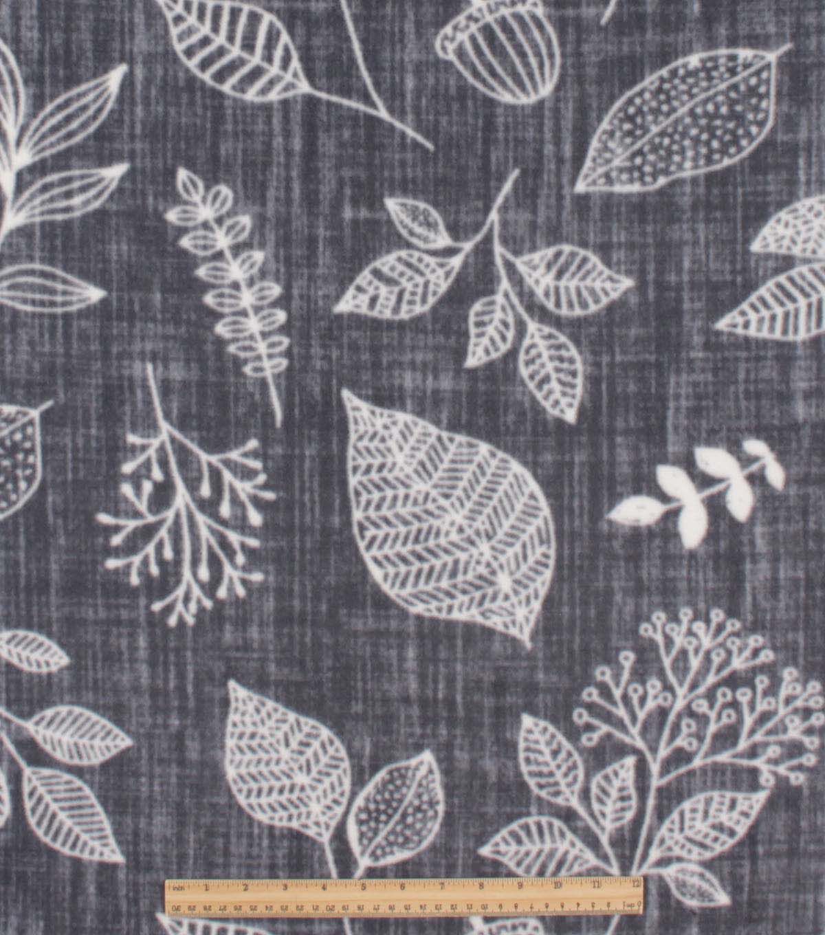 Sketched Leaves on Gray Anti Pill Plush Fleece Fabric