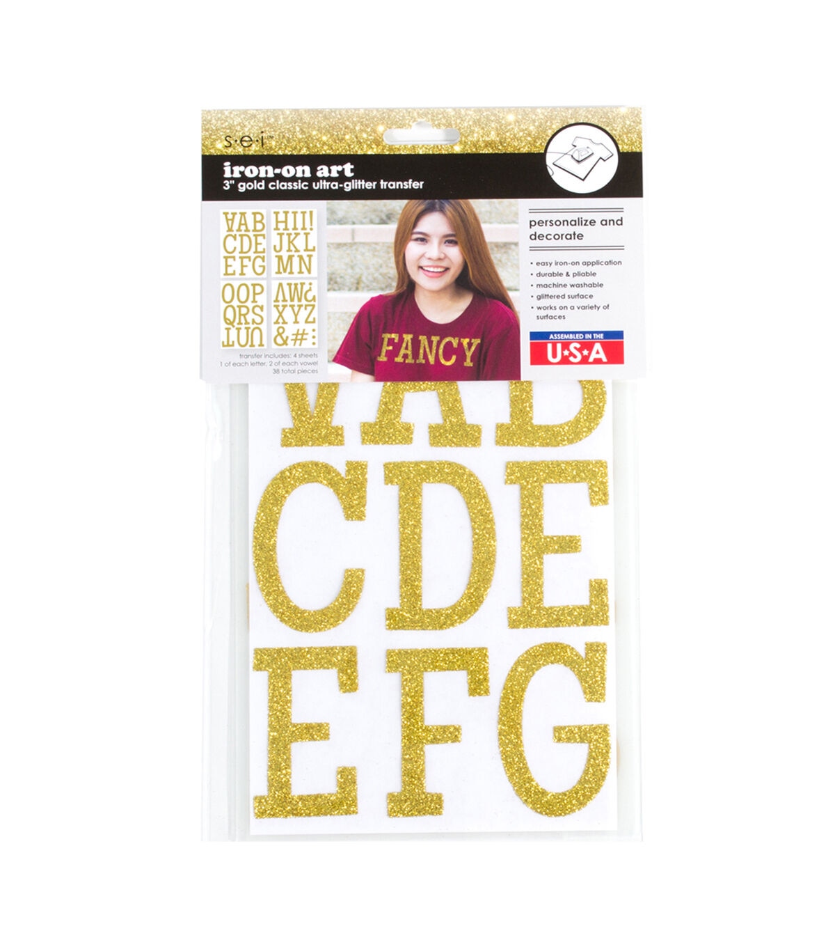SEI 3 Gold Iron On Art Classic Ultra Glitter Transfer Letters 38ct