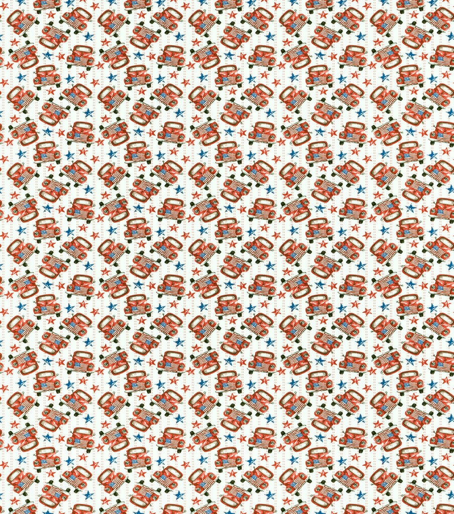 Tossed Red Trucks & Stars Patriotic Cotton Fabric