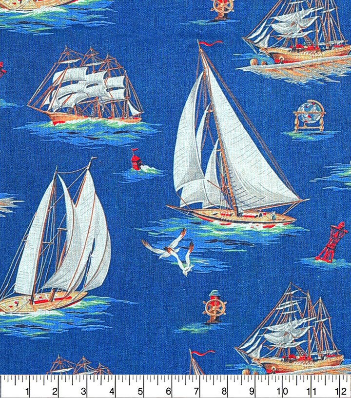 Blue Boats On The Water Novelty Cotton Fabric