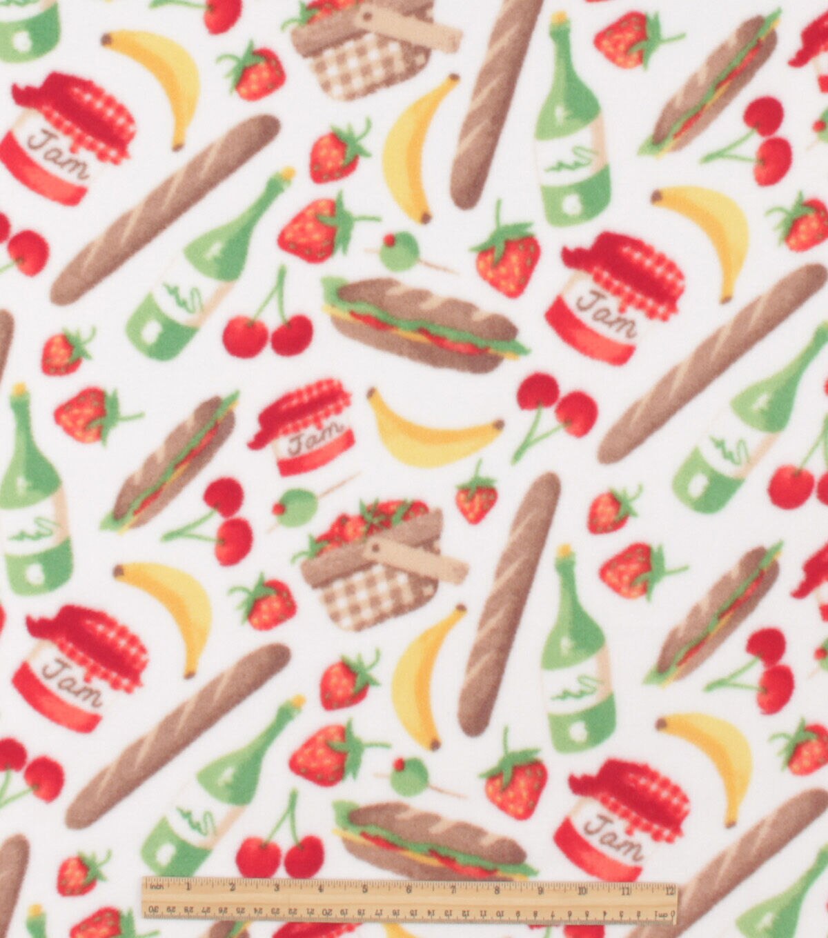 Picnic Foods on White Anti Pill Plush Fleece Fabric