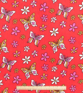 Flowers & Butterflies on Orange Anti Pill Fleece Fabric