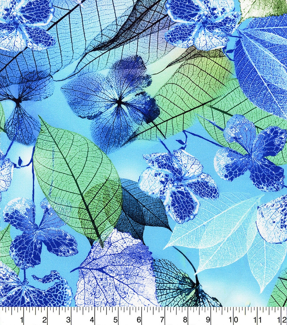 Blue Neon Leaves Premium Cotton Fabric