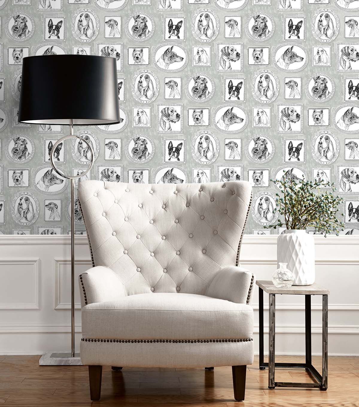 Surface Style 20.5' x 18' Silver Pup Portraits Peel & Stick Wallpaper