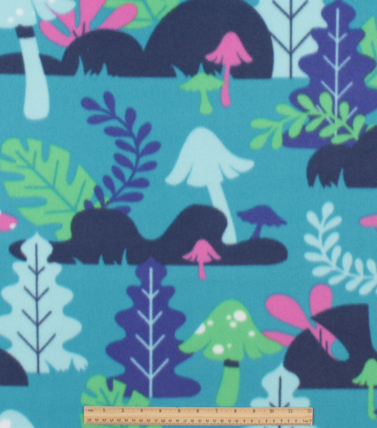 Fungi Forest on Blue Blizzard Fleece Fabric