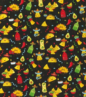 Taco Party on Black Novelty Cotton Fabric