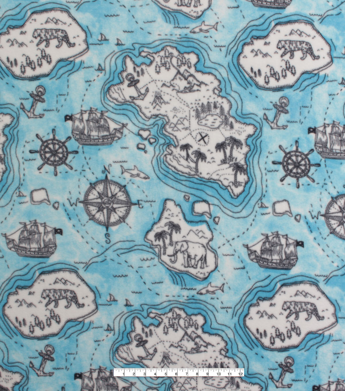 Nautical Maps on Blue Anti Pill Fleece Fabric