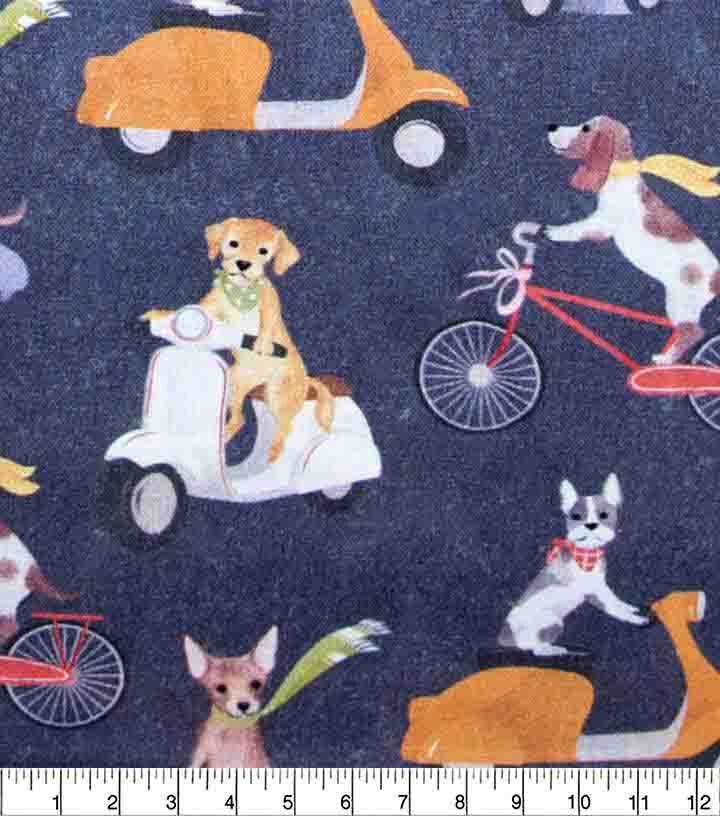 Dogs On Scooters And Bikes Novelty Cotton Fabric