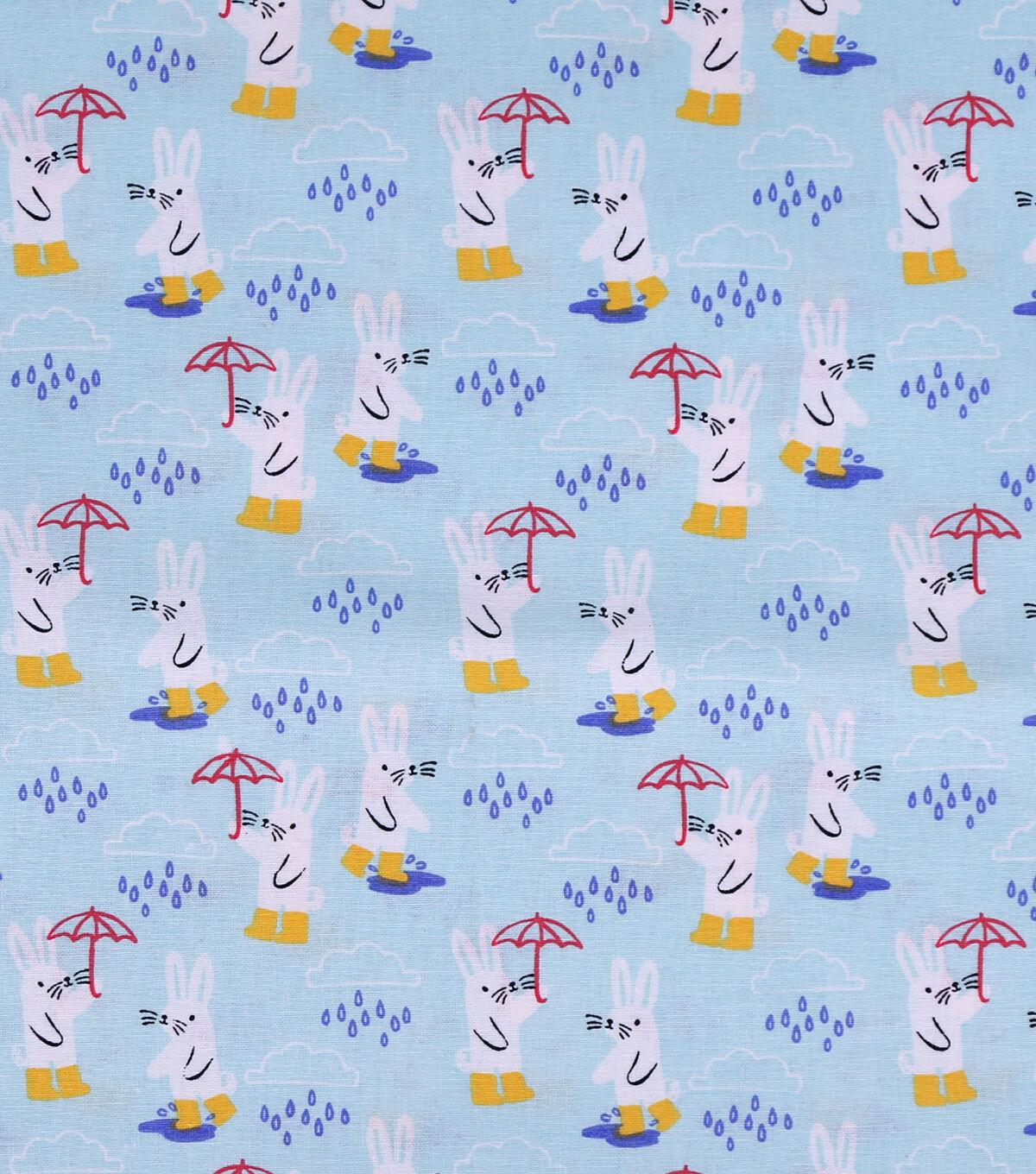 Bunnies In The Rain on Blue Novelty Cotton Fabric