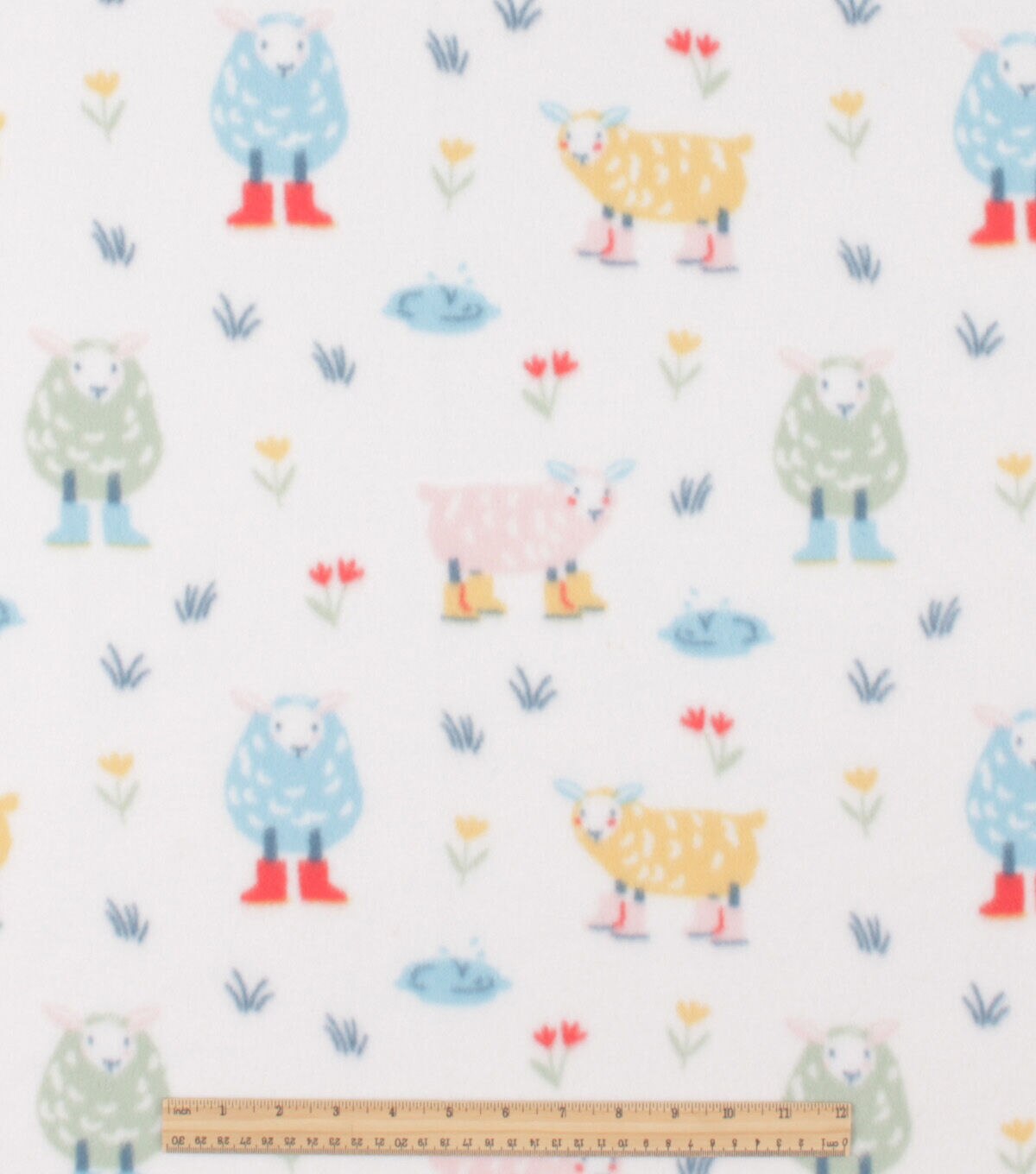 Sheep in Boots on White Blizzard Fleece Fabric