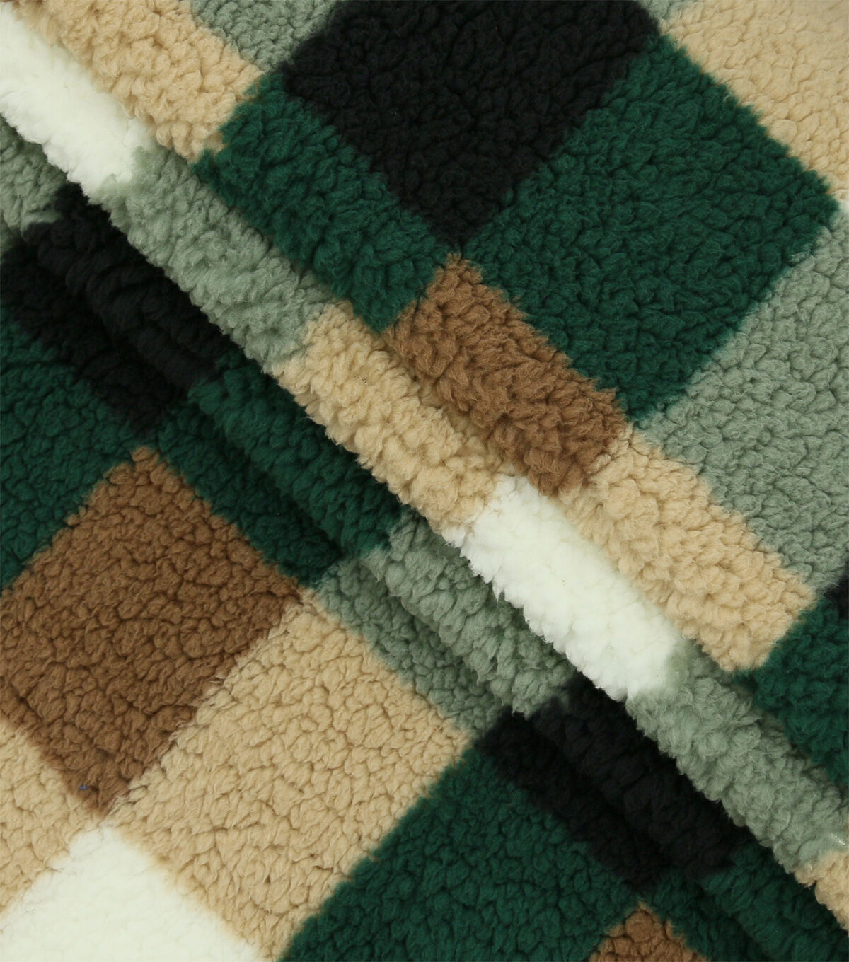 Brown & Dark Green Checks Sherpa Fabric