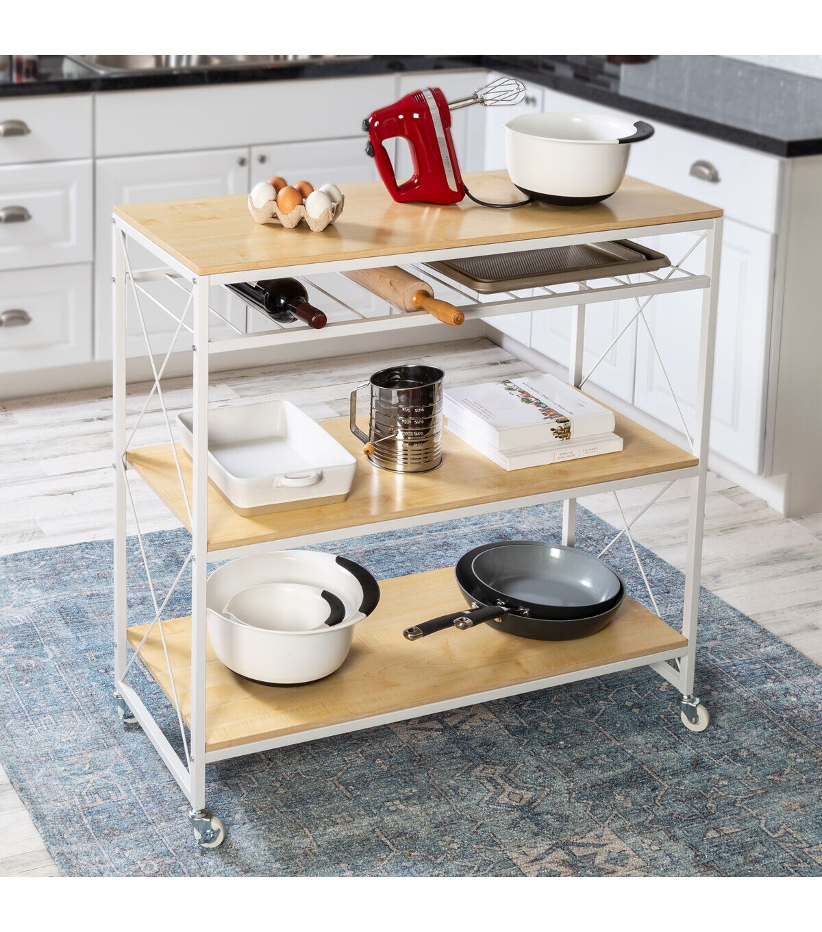 Honey Can Do 38 White Oak 4 Tier Rolling Kitchen Island