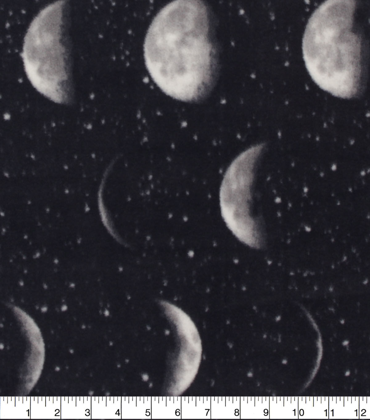 Moon Phases on Black Anti Pill Fleece Fabric