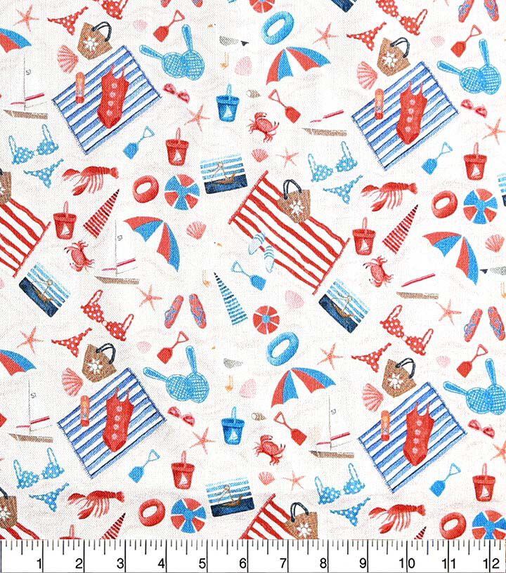 Americana Beach on White Novelty Cotton Fabric