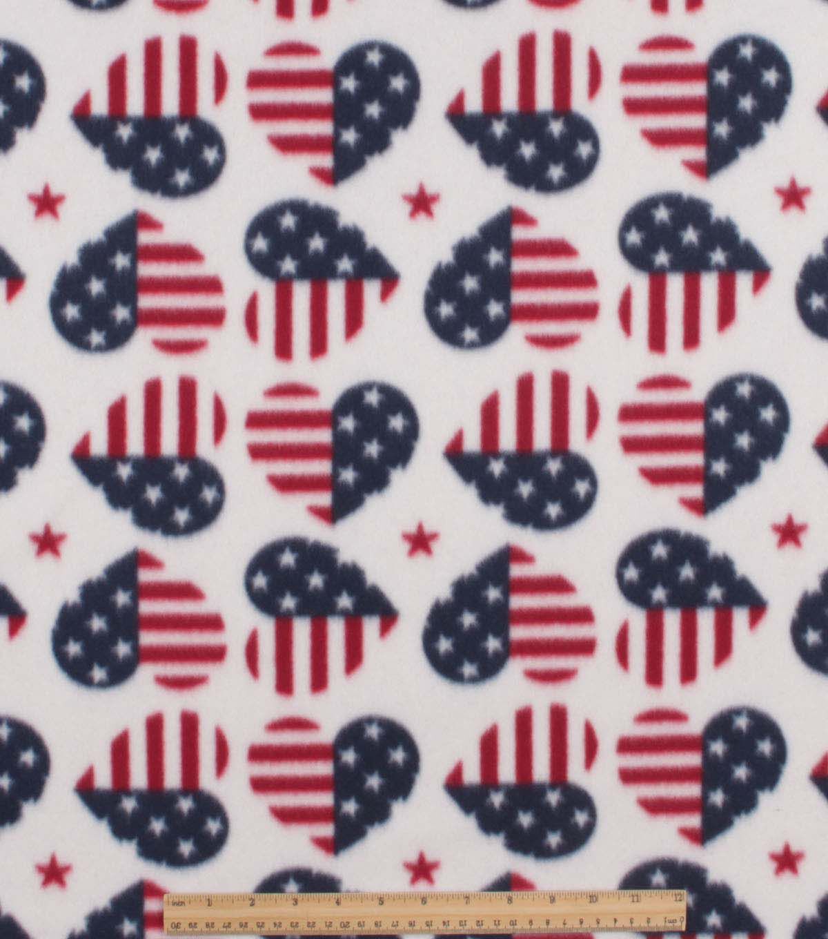 Patriotic Flag Hearts on White Blizzard Fleece Fabric
