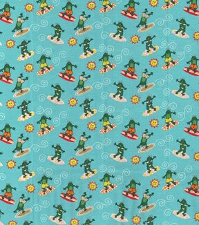 Surfing Frogs on Blue Novelty Cotton Fabric