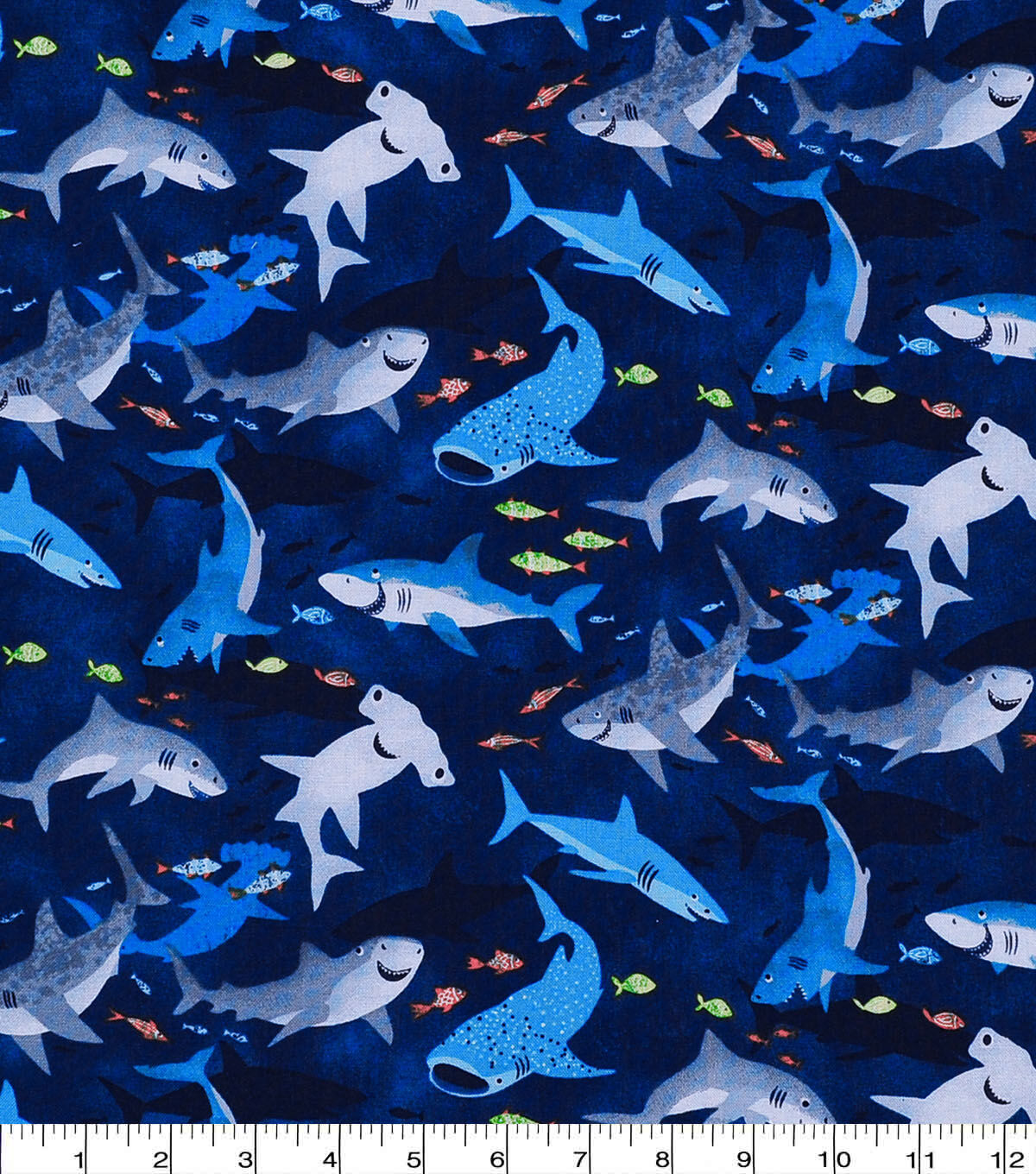 Novelty Cotton Fabric Smiley Sharks Navy