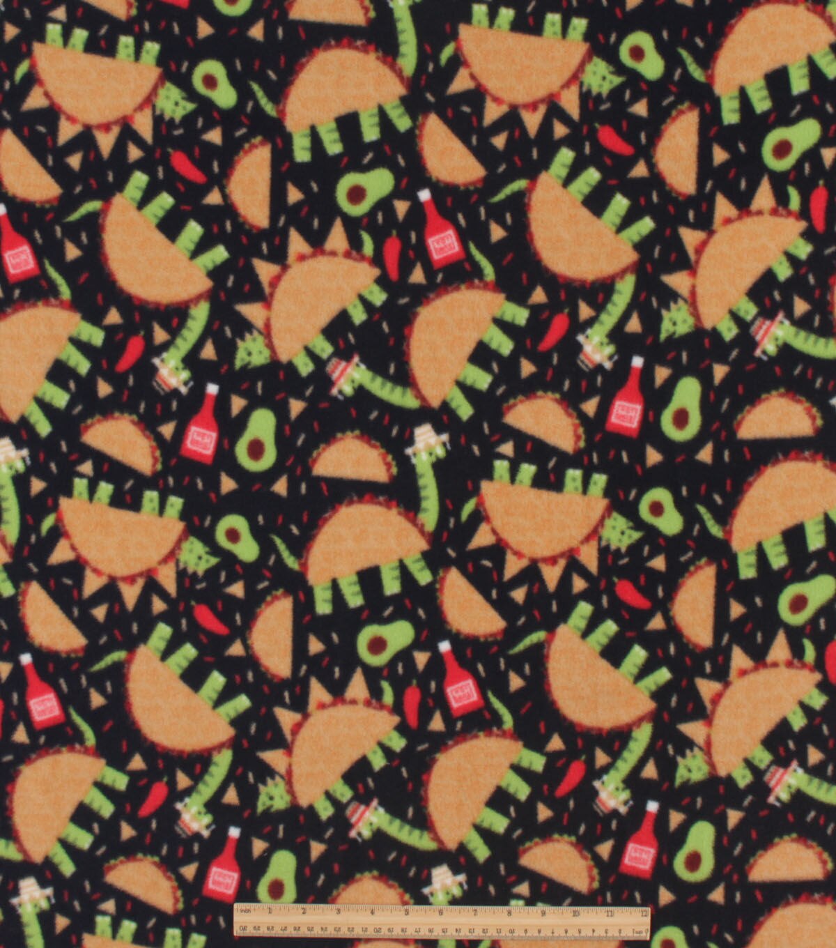 Dinosaur Tacos on Black Anti Pill Plush Fleece Fabric