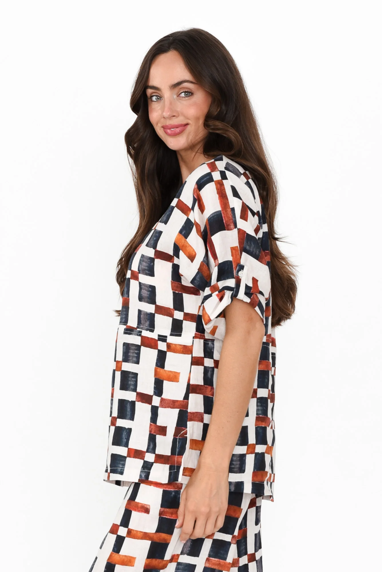 Taina Brown Geo Linen Top