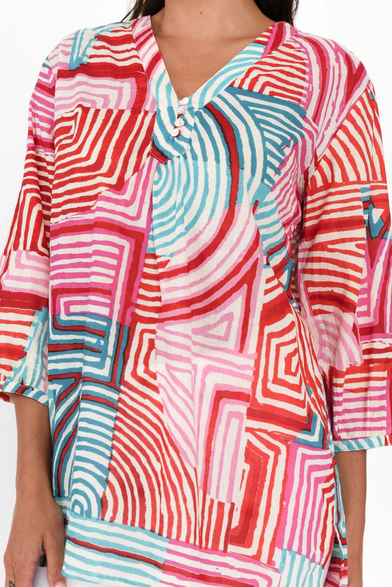 Clara Pink Geo Cotton Button Top