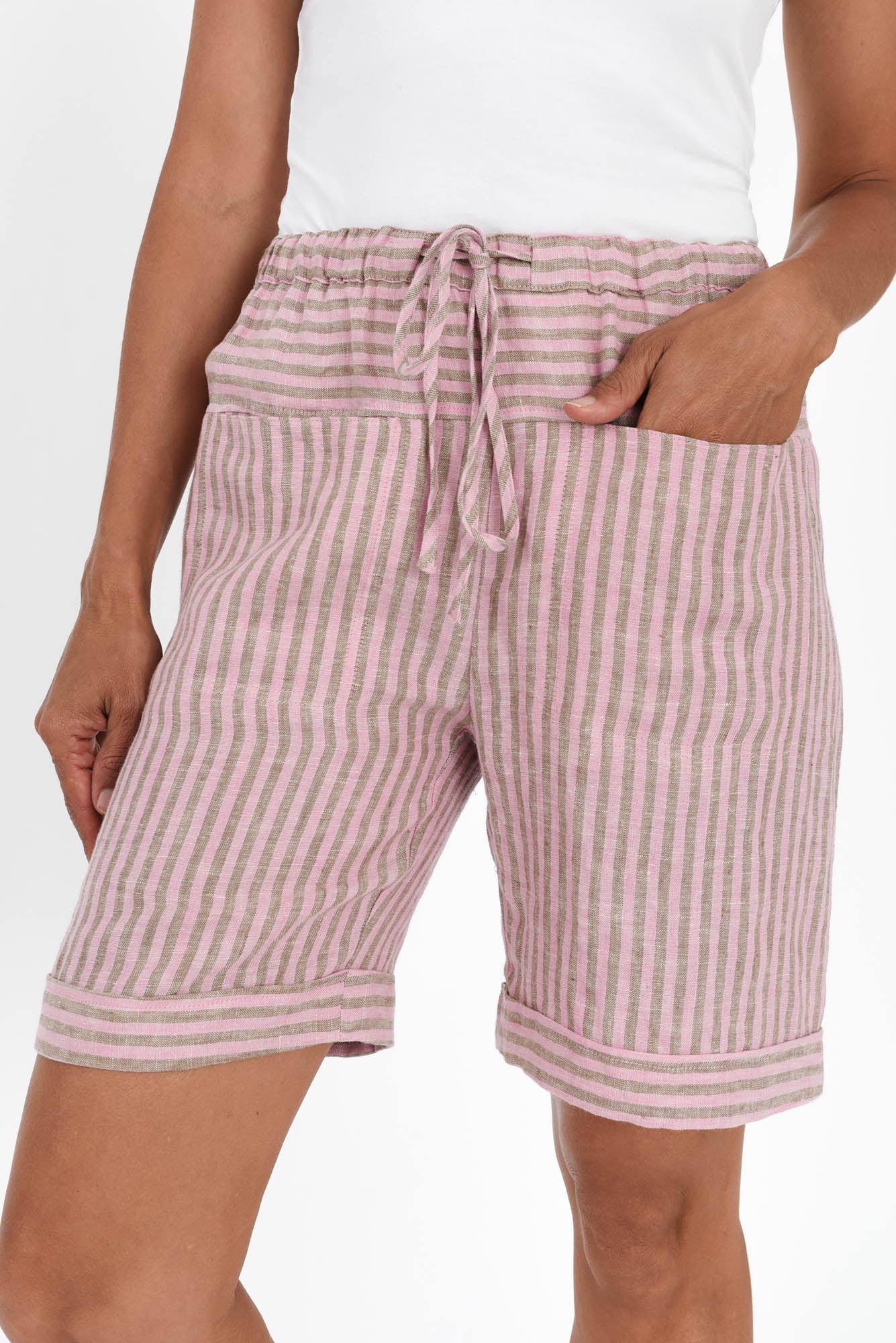Arwen Beige Stripe Linen Drawstring Shorts
