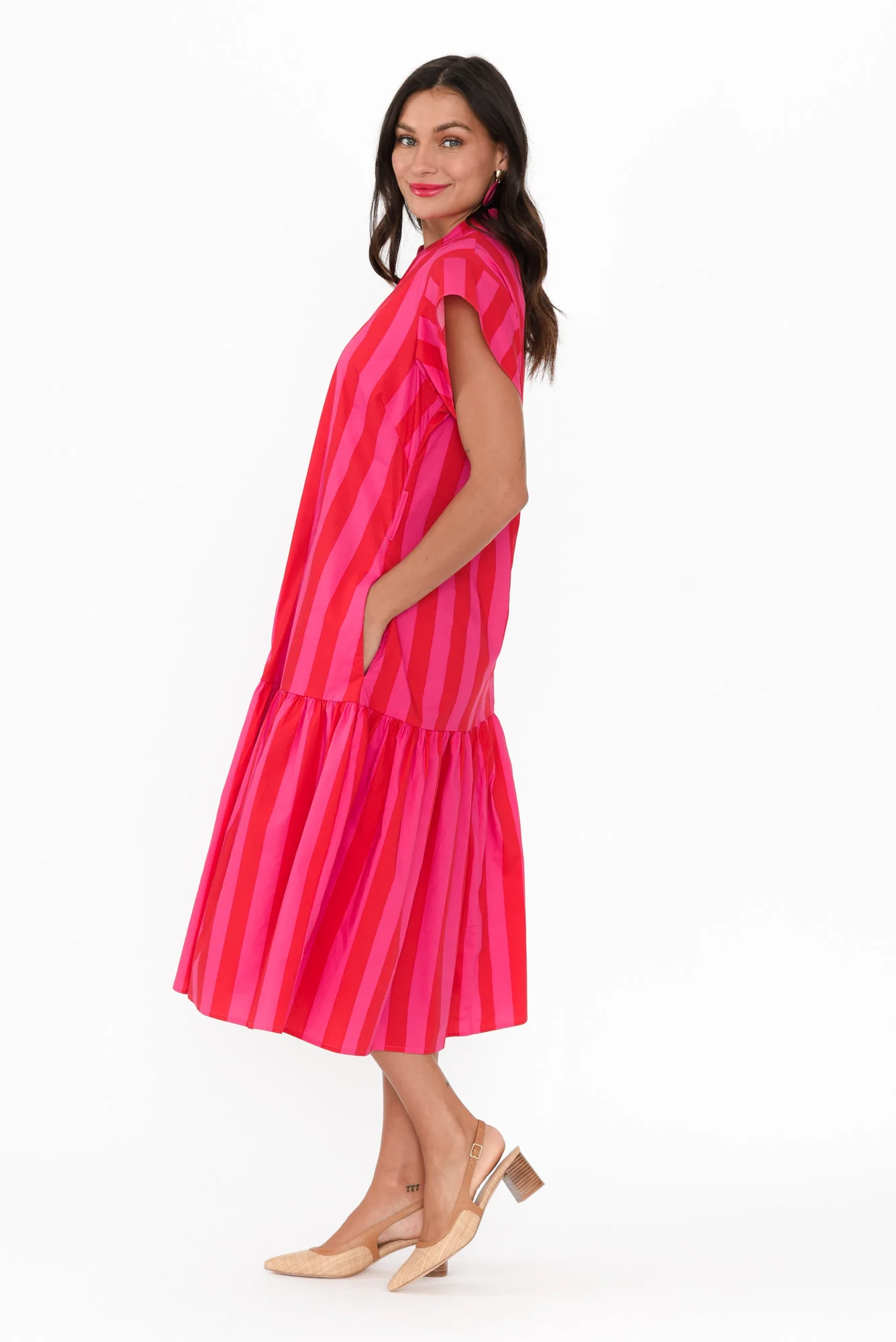 Mari Red Stripe Cotton Tie Dress