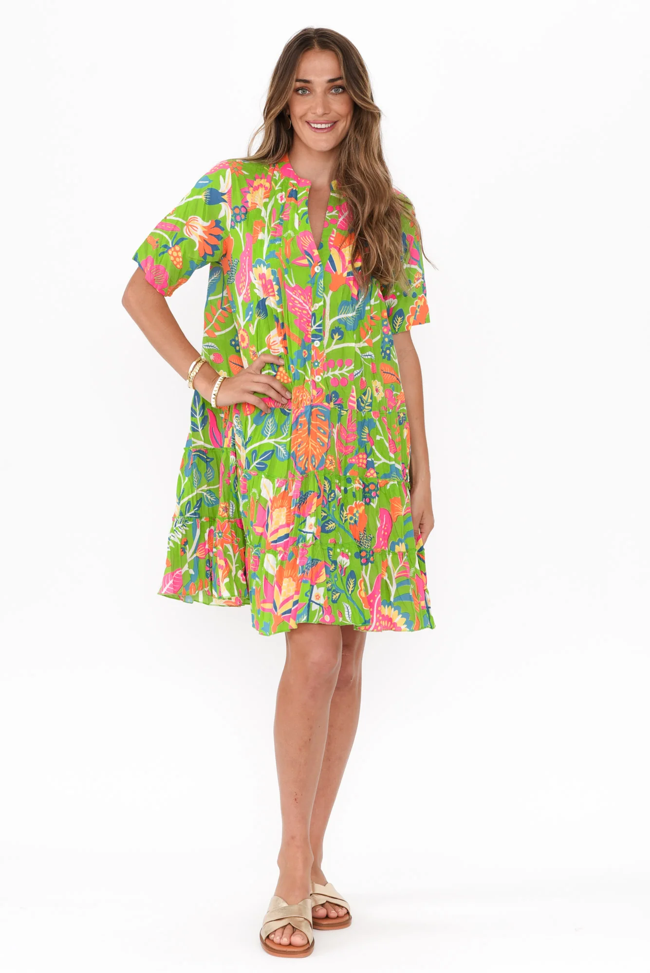 Madurai Green Floral Cotton Pleated Dress