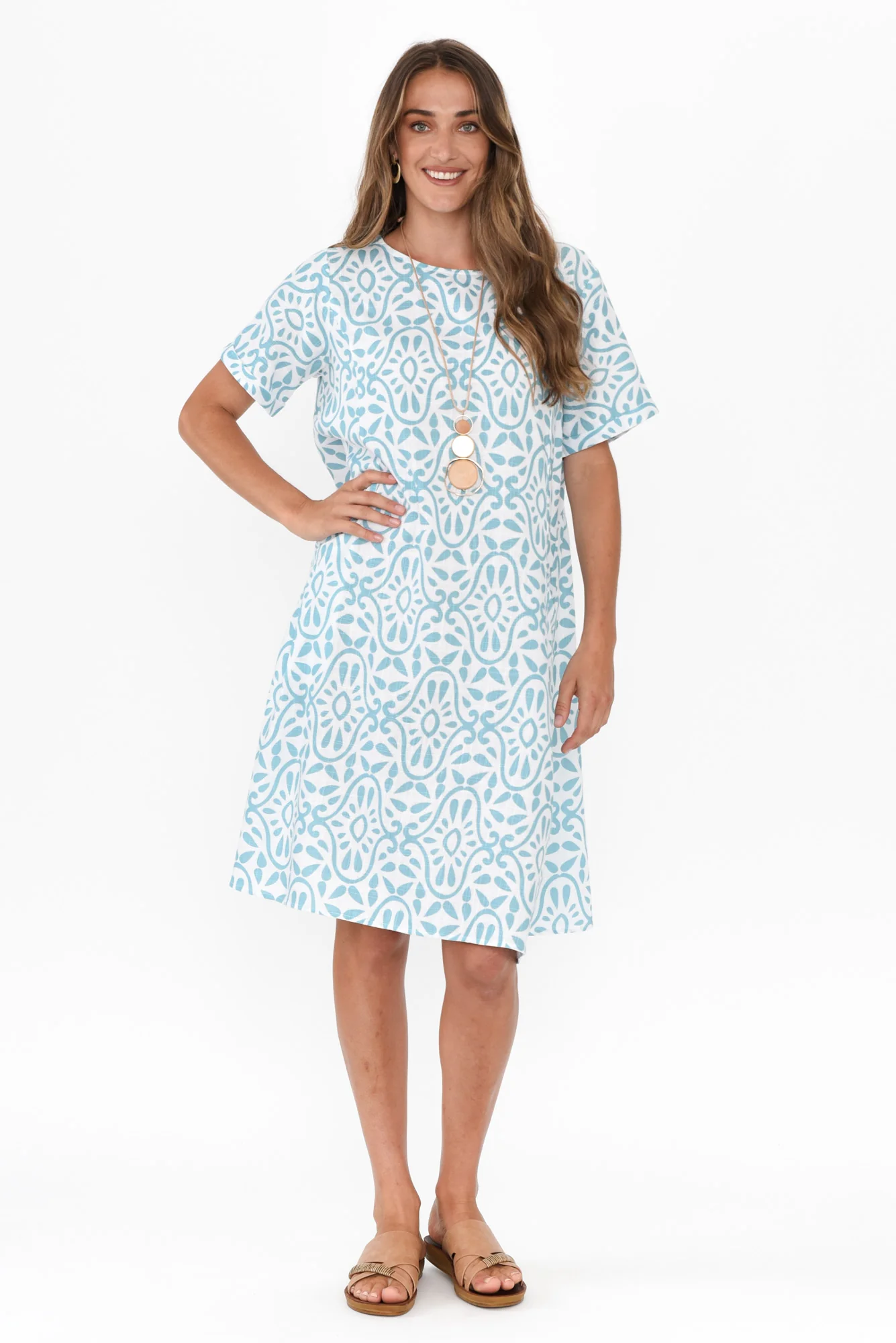 Shayann Blue Geo Linen Cotton Dress