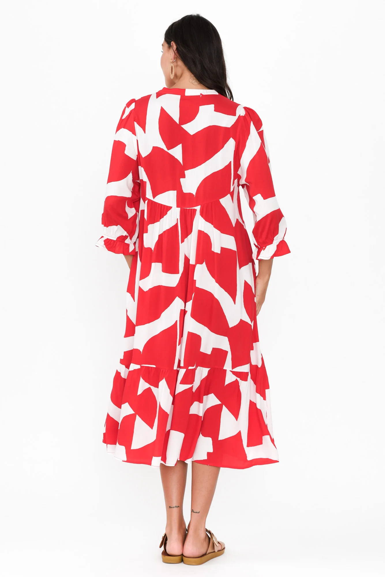 Leela Red Abstract Sleeved Dress