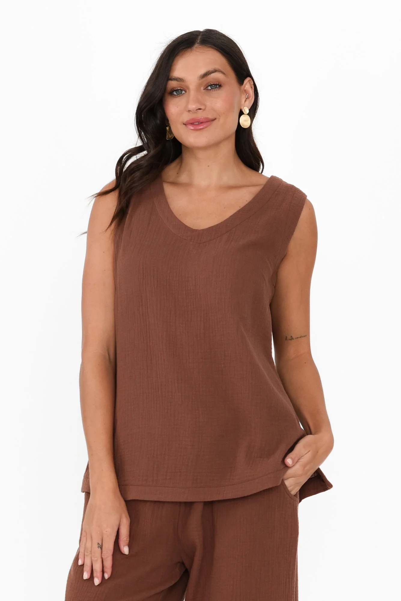 Reuben Mocha Cotton Cheesecloth Tank