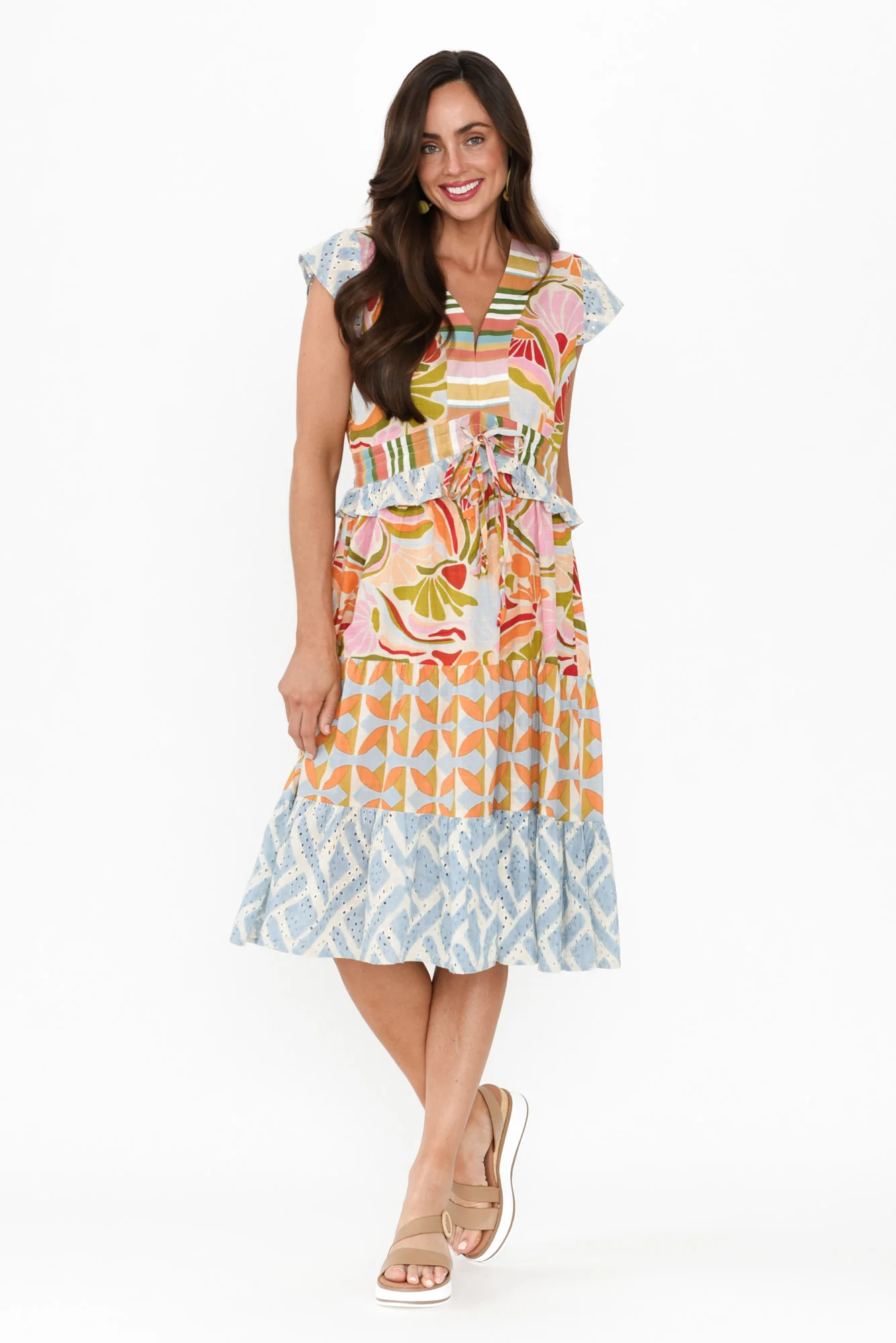 Duke Orange Geo Cotton Tiered Dress