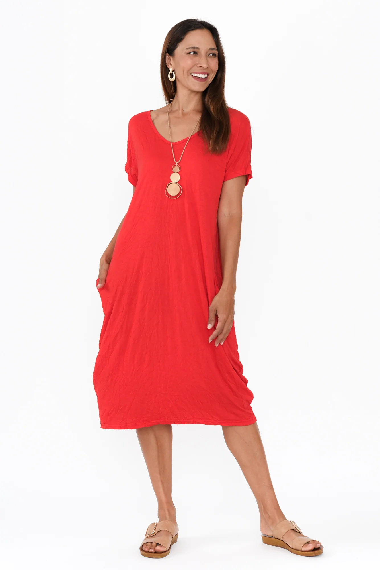Travel Red Crinkle Cotton Dress