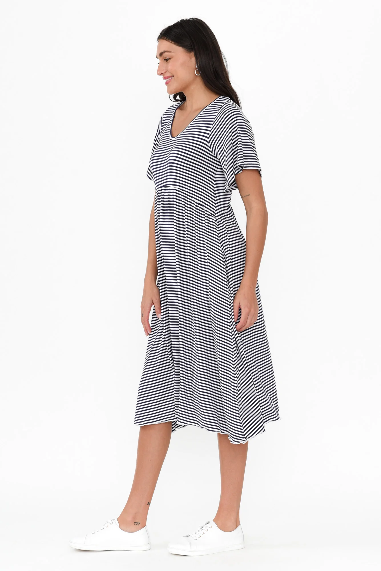 Donna Navy Stripe Gathered Dress