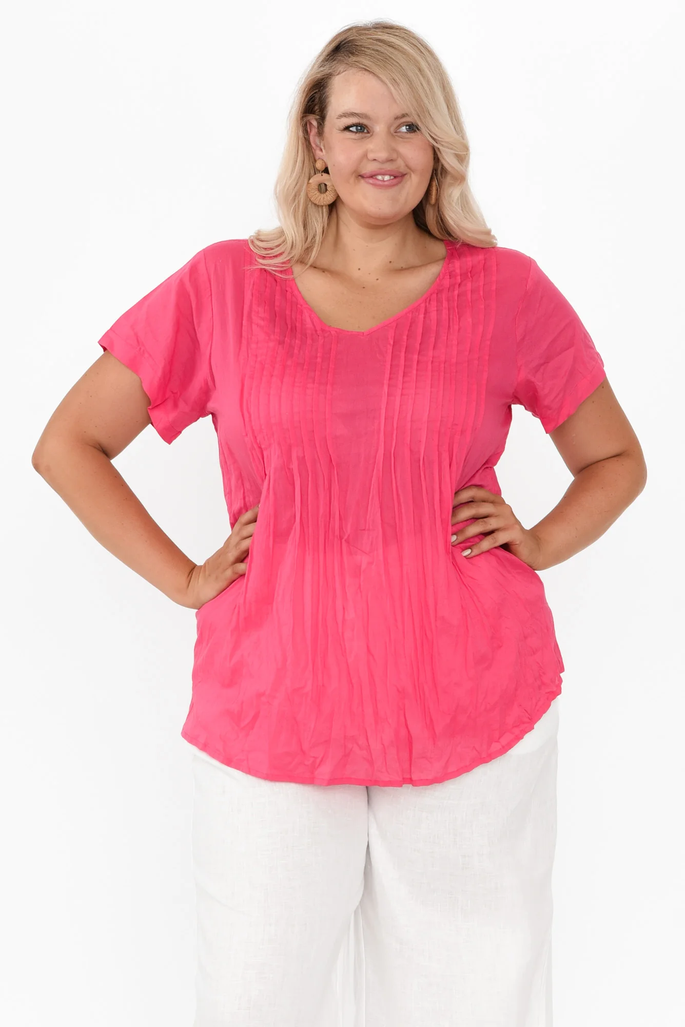 Fia Hot Pink Crinkle Cotton Top