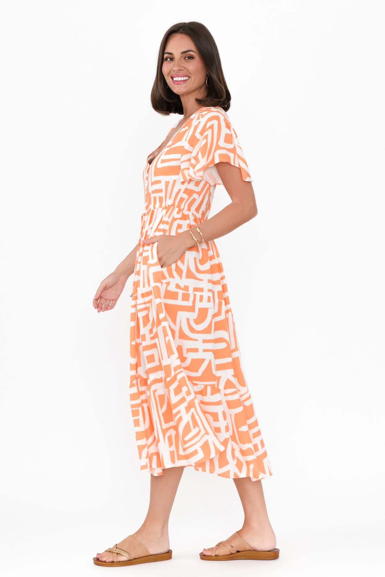 Johanne Orange Abstract Tie Dress