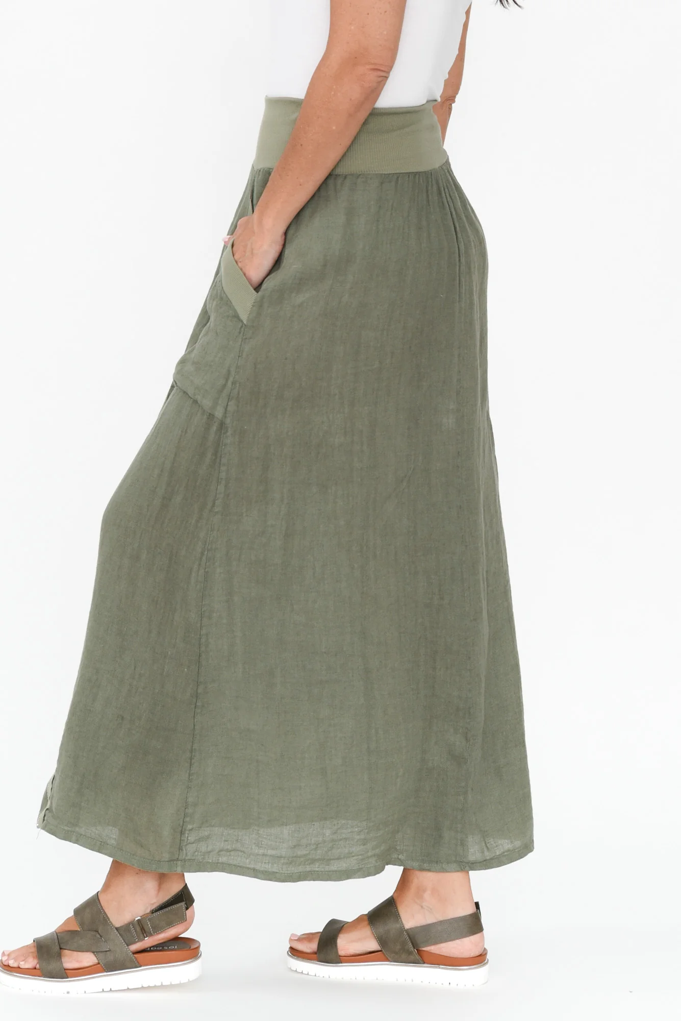 Ani Khaki Linen Pocket Maxi Skirt