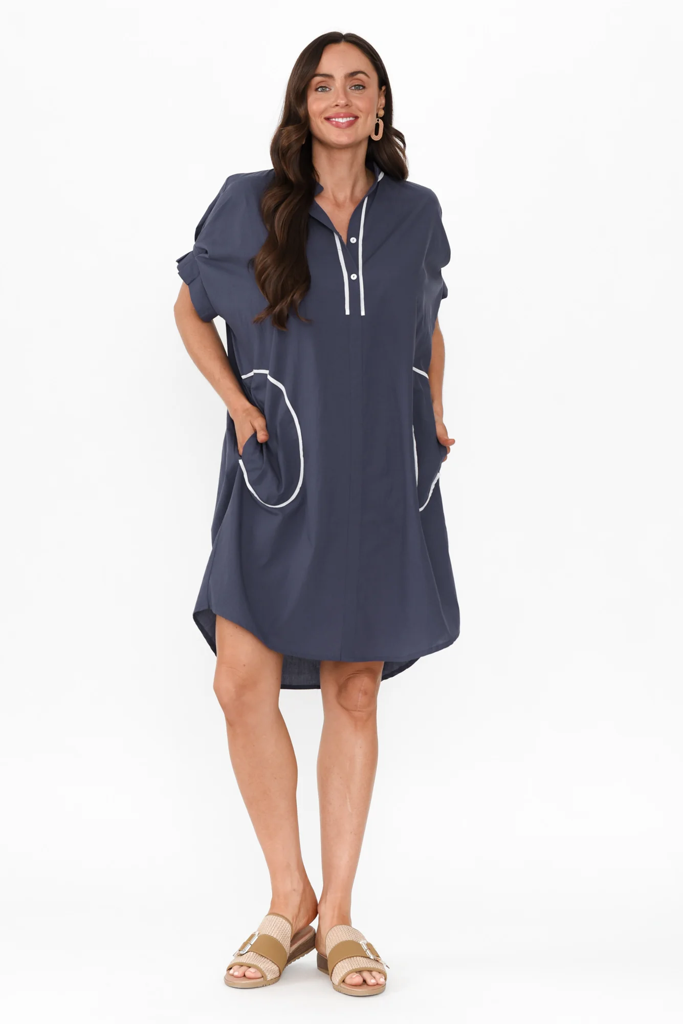 Ellen Navy Contrast Cotton Poplin Dress