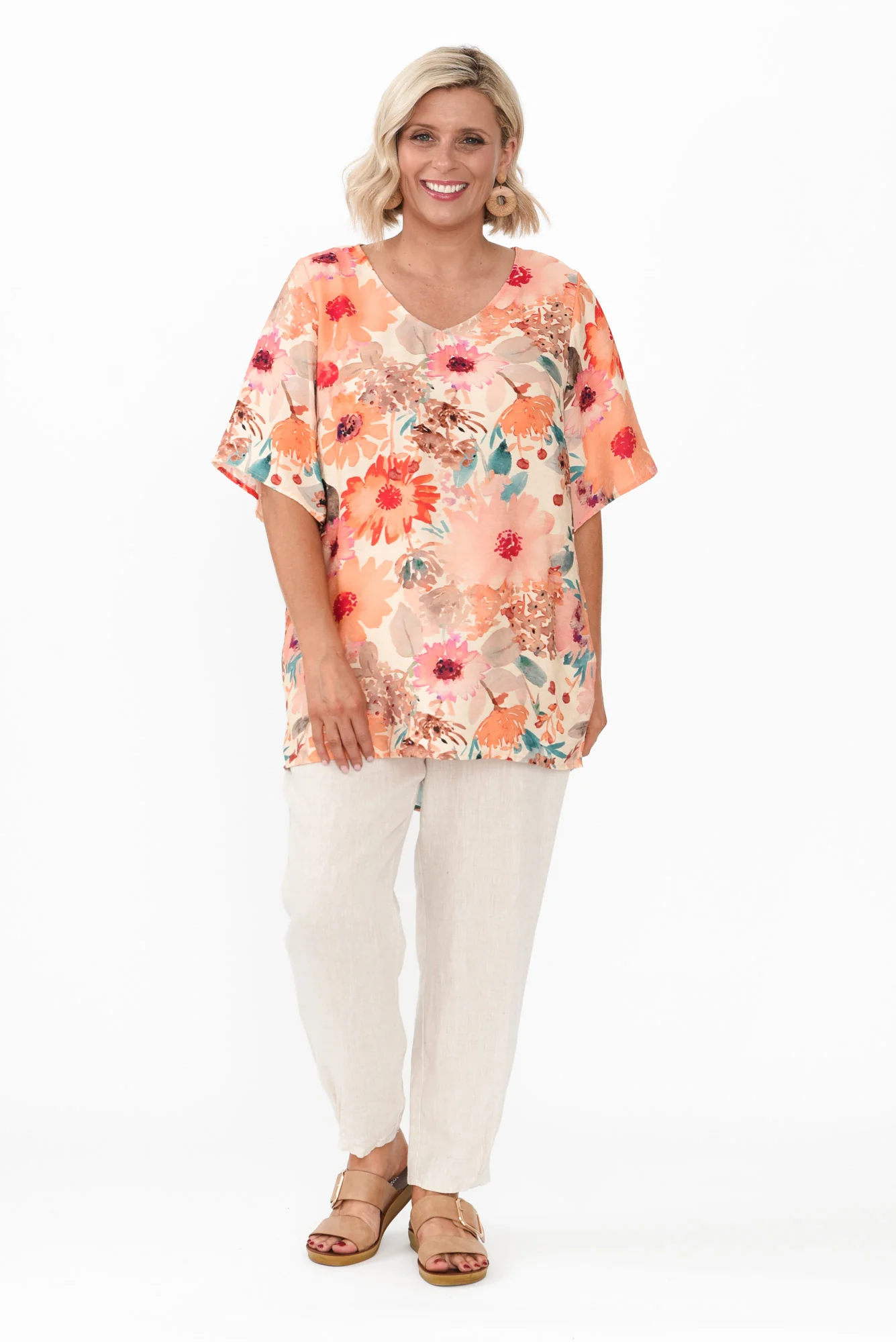 Marian Orange Floral Linen Blend Top