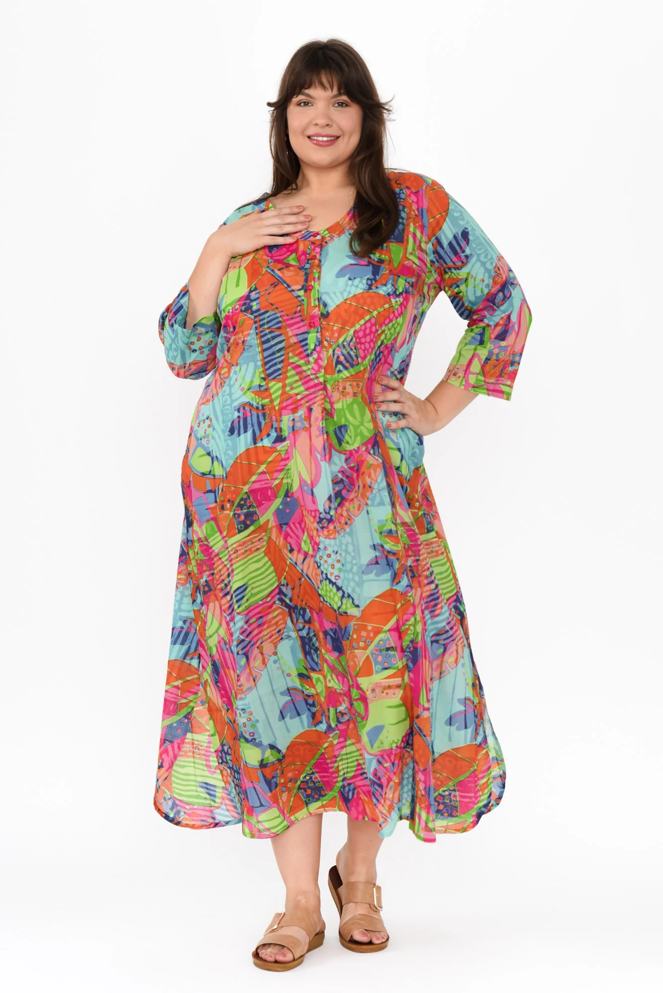Apia Sky Blue Tropical Cotton Maxi Dress