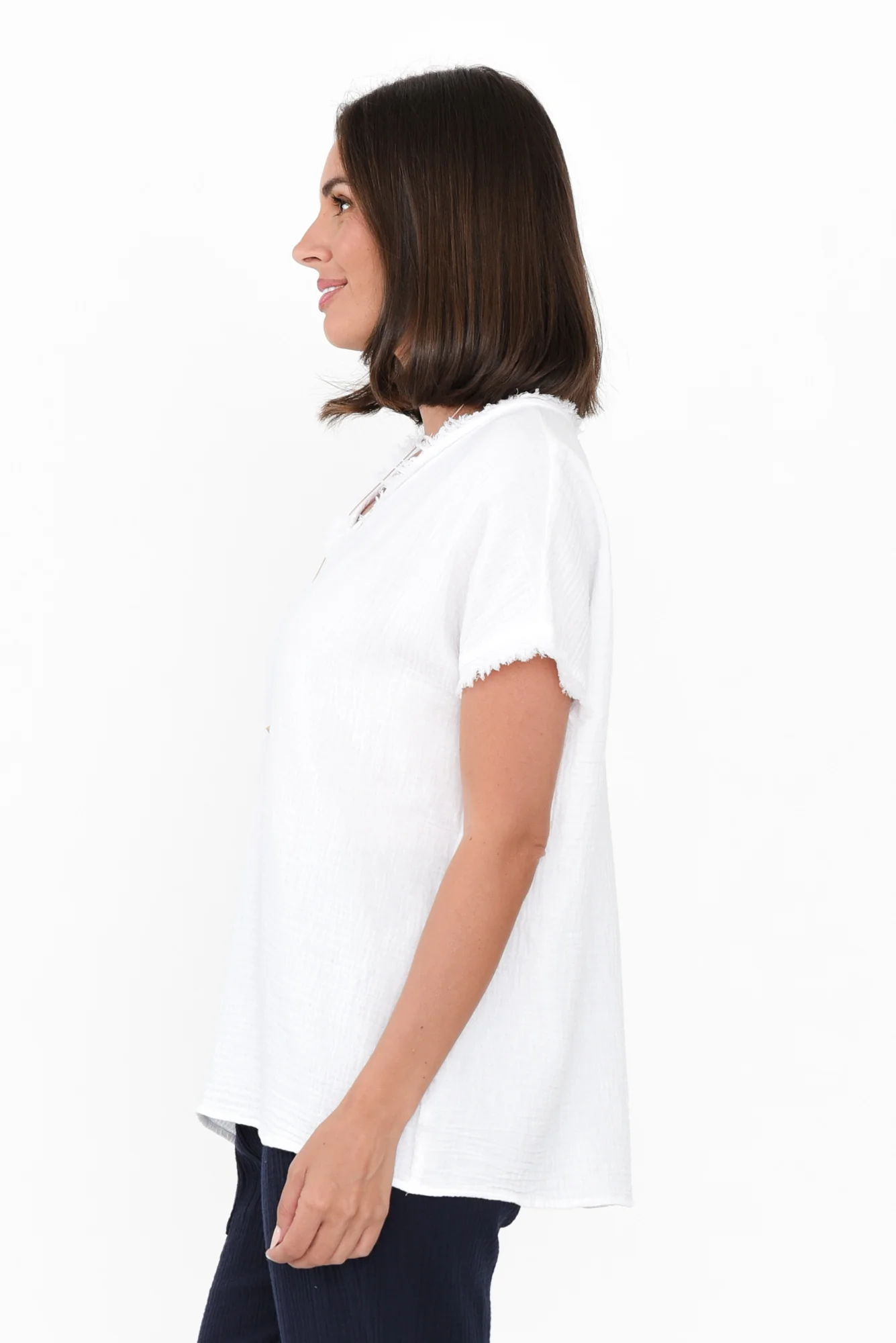 Haltia White Cotton Cheesecloth V Neck Top