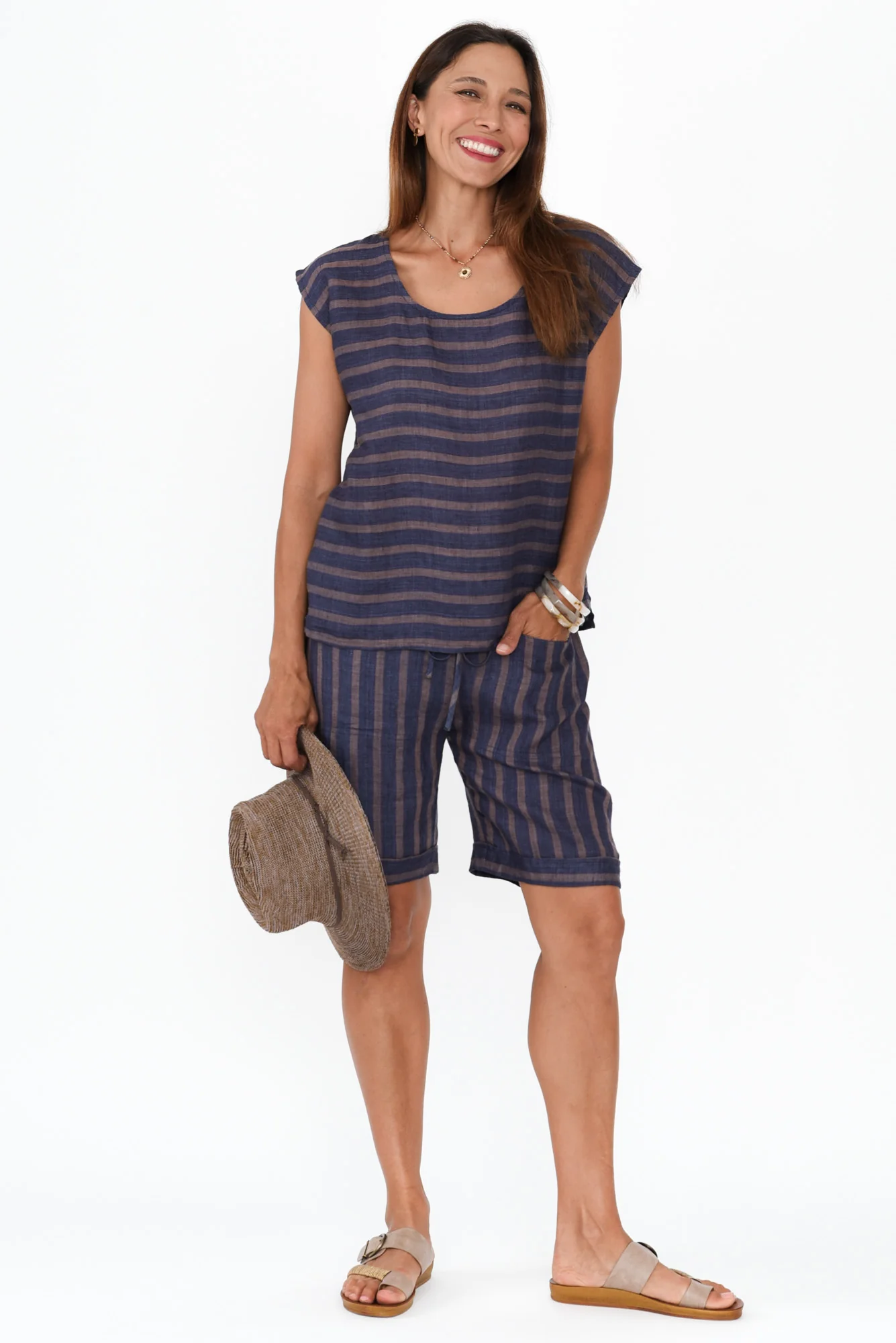 Arwen Navy Stripe Linen Drawstring Shorts