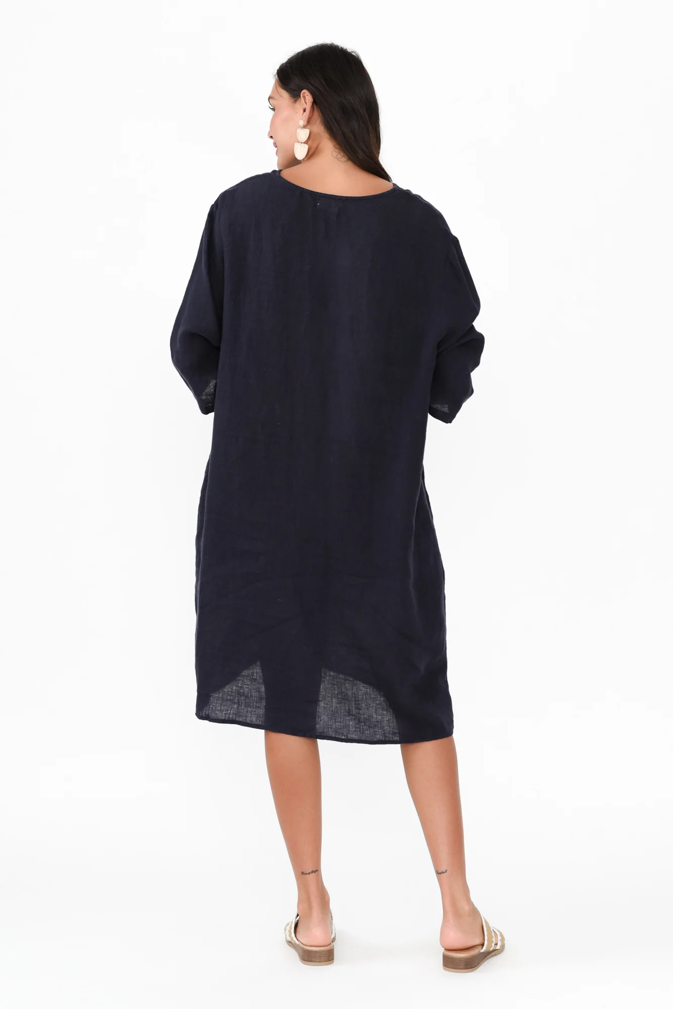 Sian Navy Linen V Neck Dress