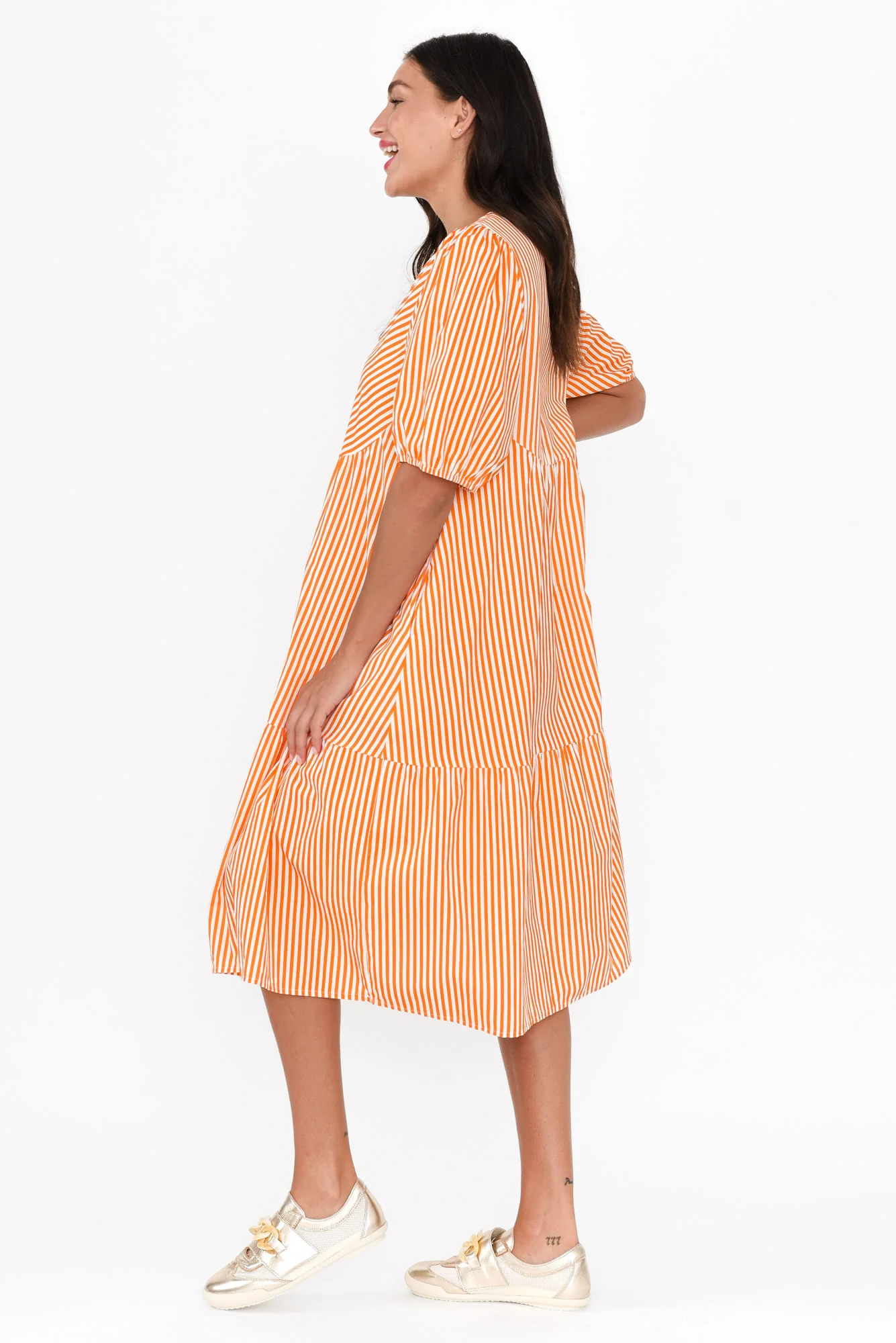 Zariah Orange Stripe Cotton Tier Dress